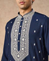 Manyavar Men Dark Blue Blended Viscose Kurta Churidar with Embroidery