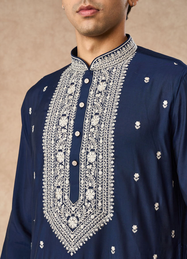 Manyavar Men Dark Blue Blended Viscose Kurta Churidar with Embroidery