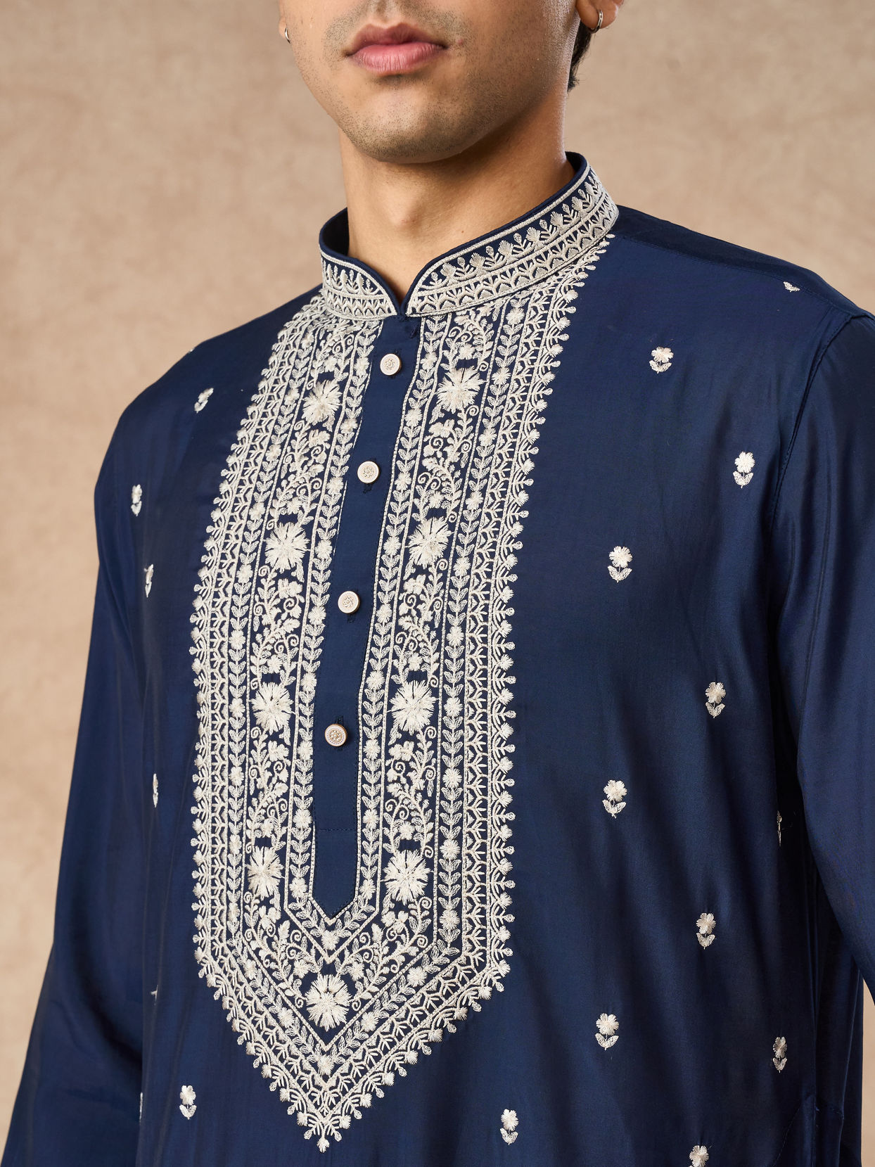 Manyavar Men Dark Blue Blended Viscose Kurta Churidar with Embroidery