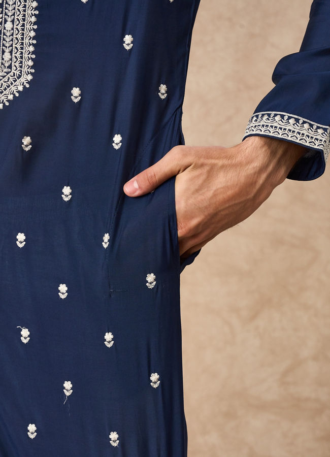 Manyavar Men Dark Blue Blended Viscose Kurta Churidar with Embroidery