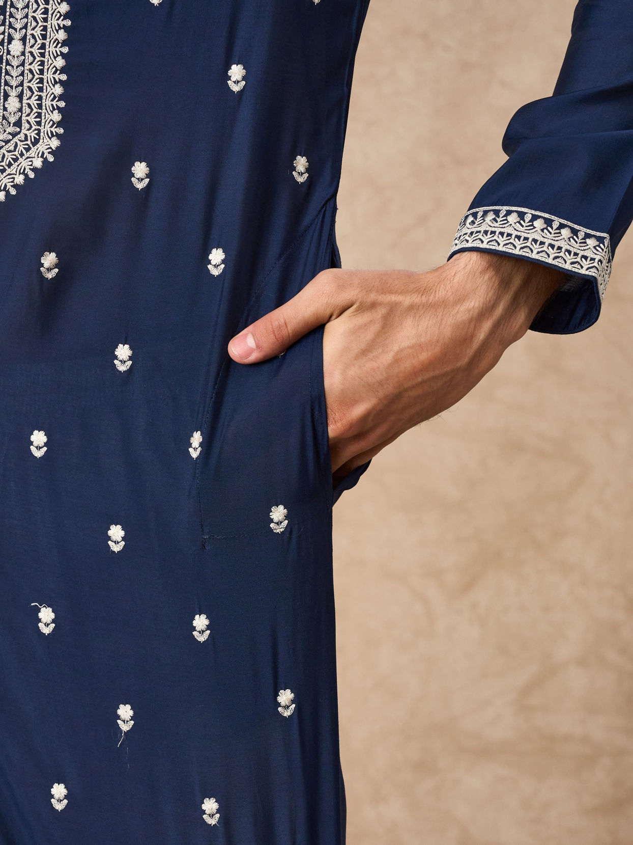 Manyavar Men Dark Blue Blended Viscose Kurta Churidar with Embroidery