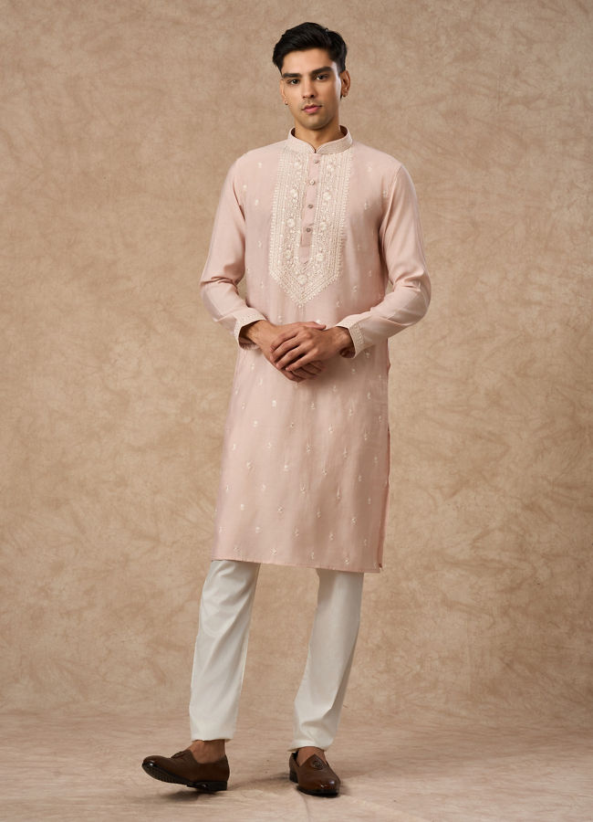 Manyavar Men Pink Blended Viscose Kurta Pajama