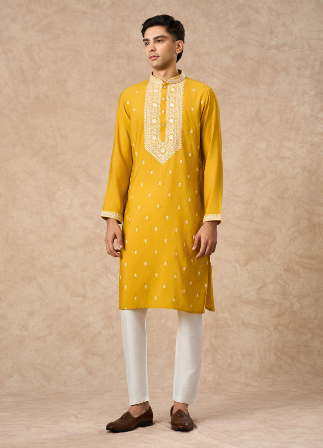 Manyavar Men Mustard Blended Viscose Kurta Churidar