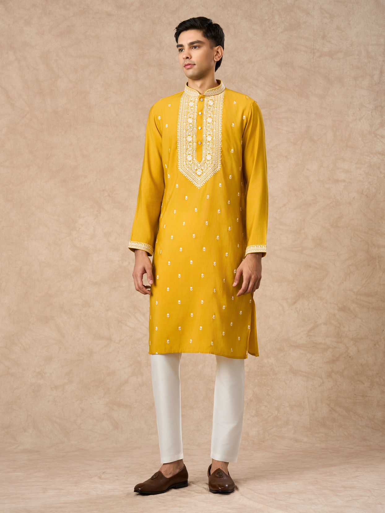 Manyavar Men Mustard Blended Viscose Kurta Churidar