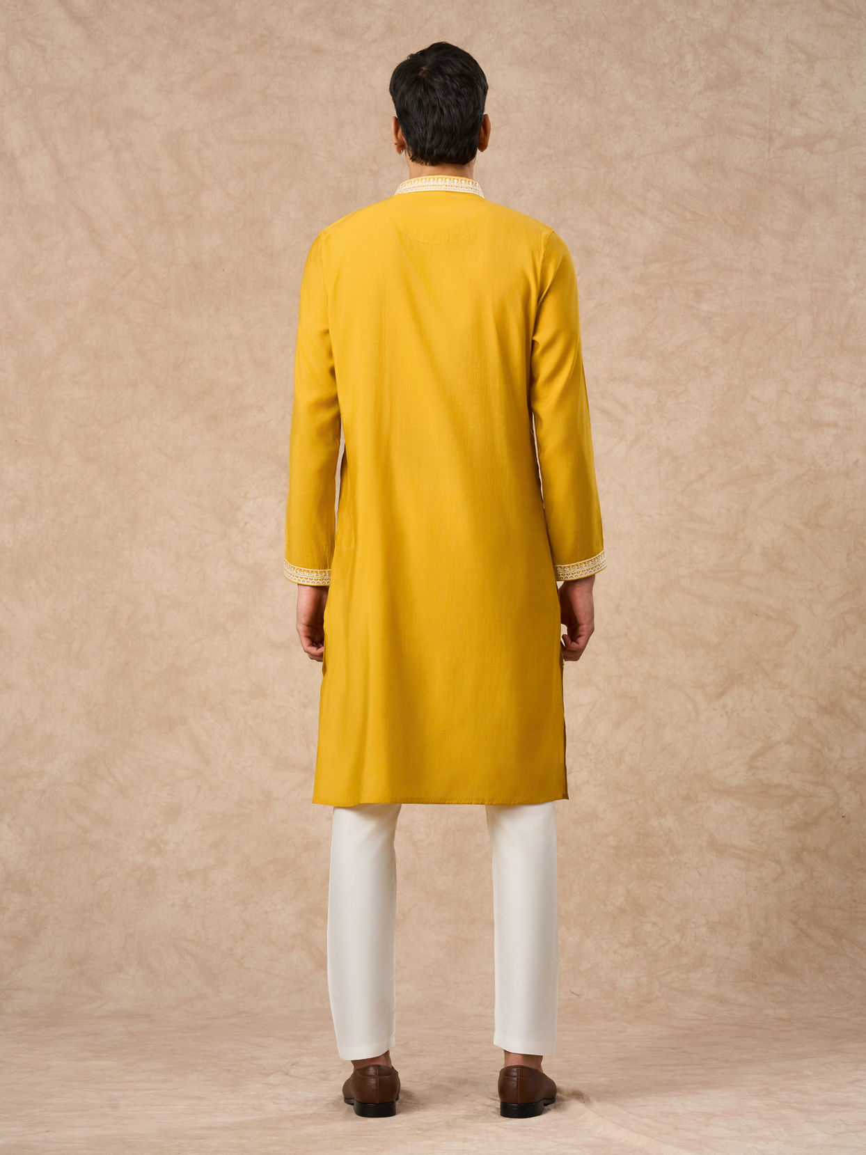 Manyavar Men Mustard Blended Viscose Kurta Churidar