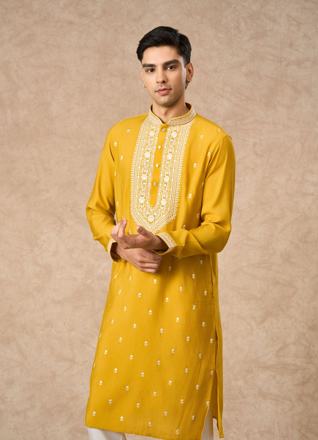 Manyavar Men Mustard Blended Viscose Kurta Churidar