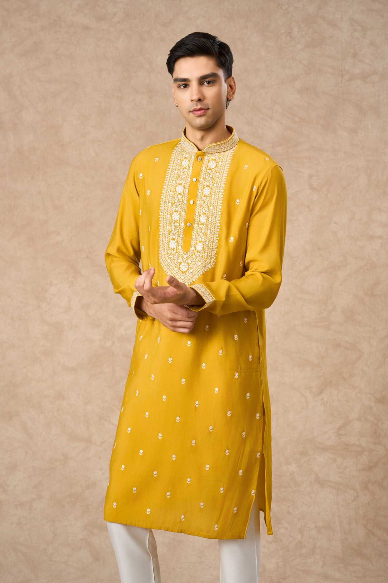 Manyavar Men Mustard Blended Viscose Kurta Churidar