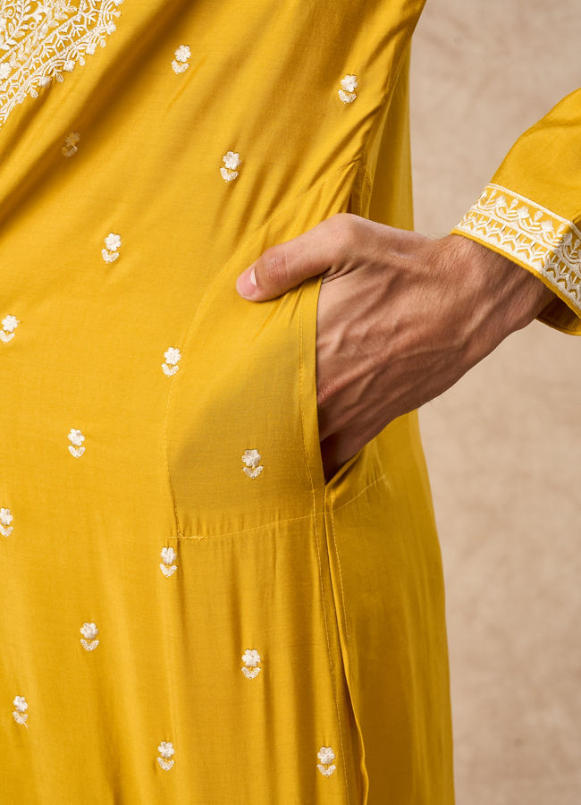 Manyavar Men Mustard Blended Viscose Kurta Churidar
