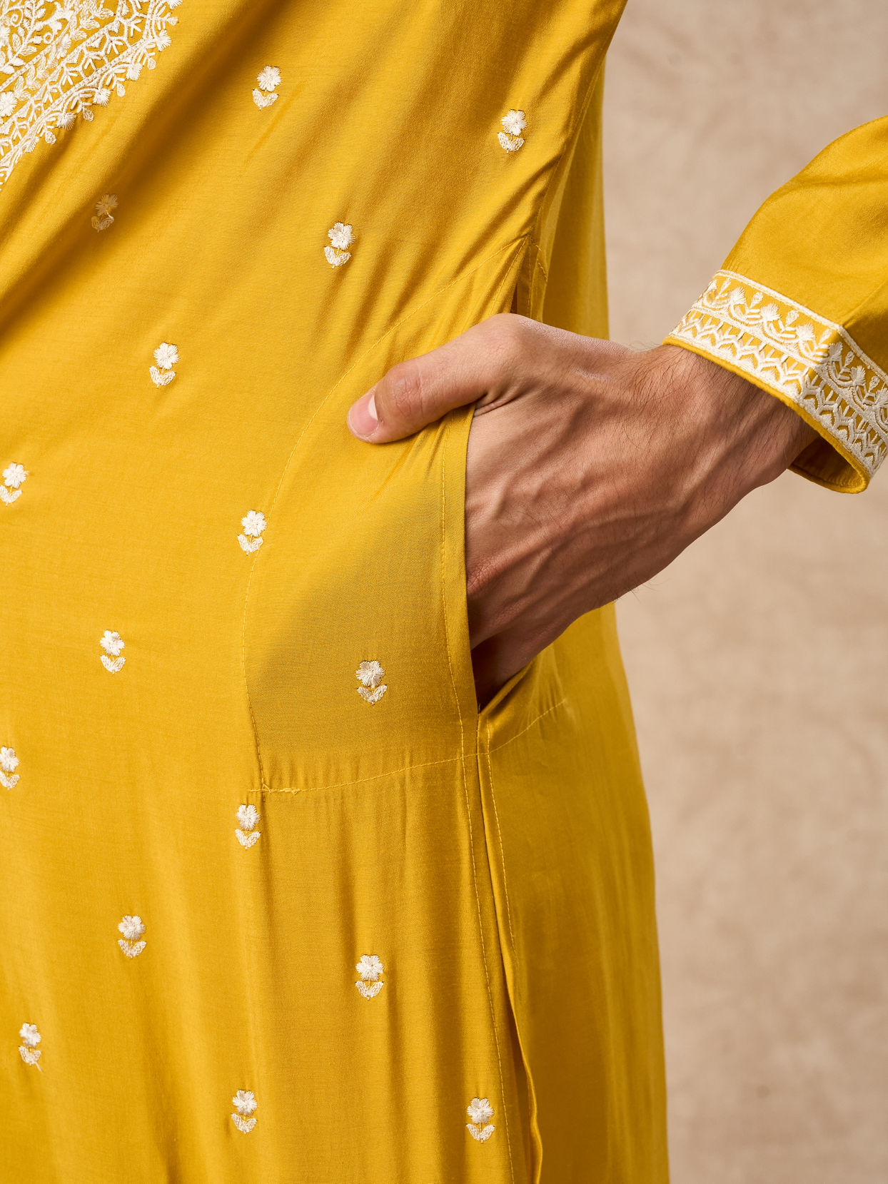 Manyavar Men Mustard Blended Viscose Kurta Churidar
