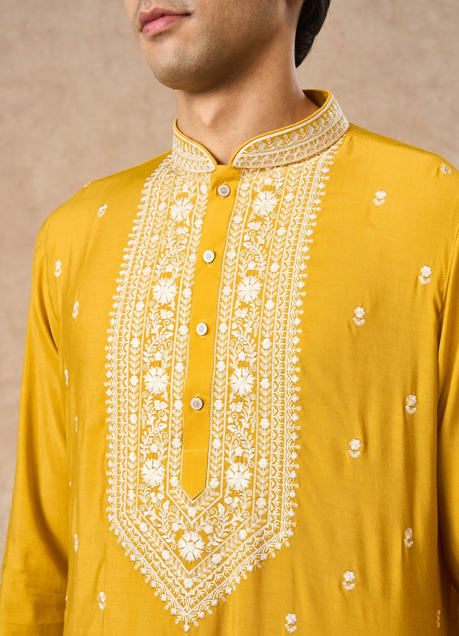 Manyavar Men Mustard Blended Viscose Kurta Churidar