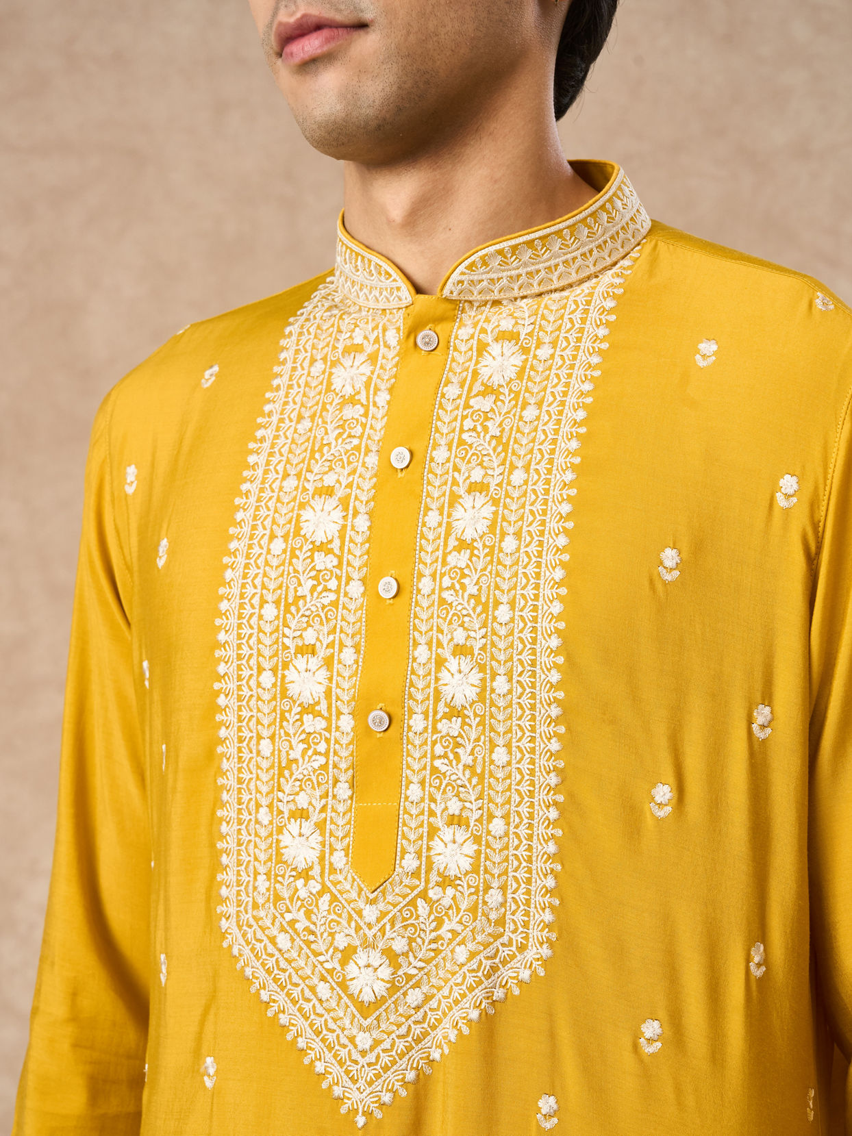 Manyavar Men Mustard Blended Viscose Kurta Churidar