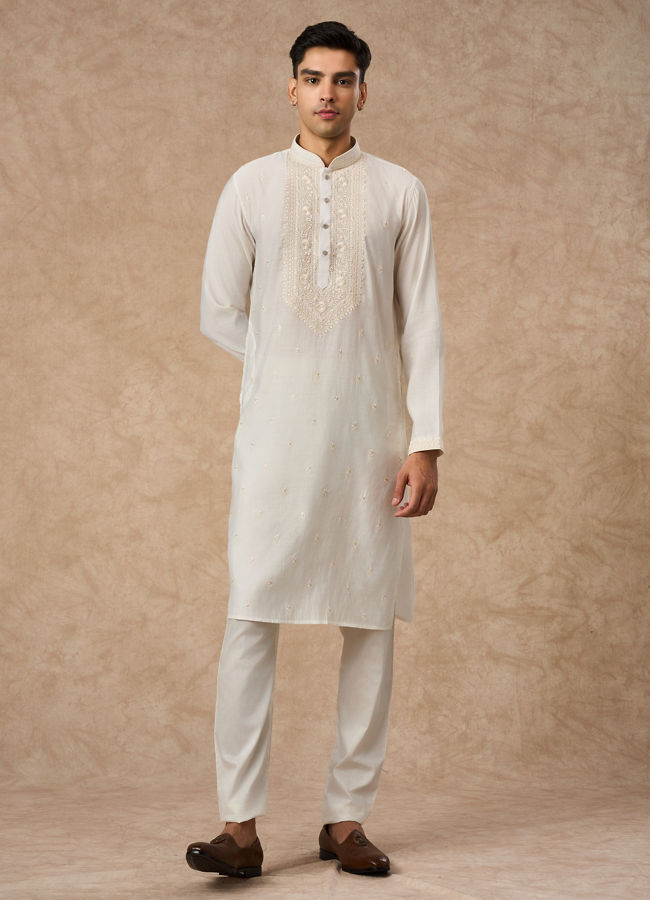 Manyavar Men Cream Blended Viscose Kurta Churidar