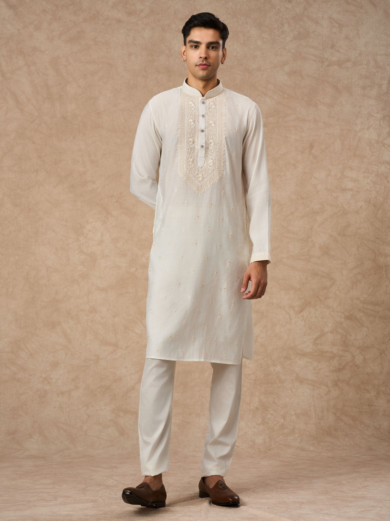 Manyavar Men Cream Blended Viscose Kurta Churidar