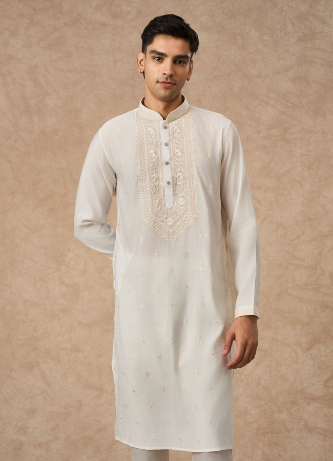 Manyavar Men Cream Blended Viscose Kurta Churidar