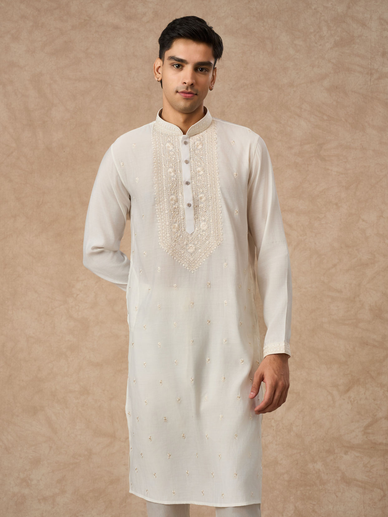 Manyavar Men Cream Blended Viscose Kurta Churidar