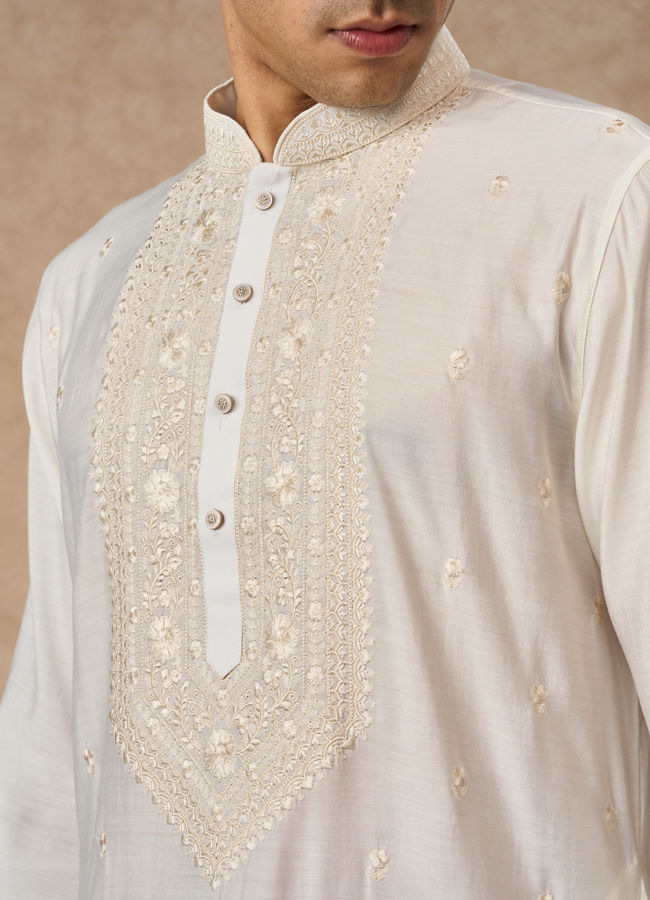 Manyavar Men Cream Blended Viscose Kurta Churidar