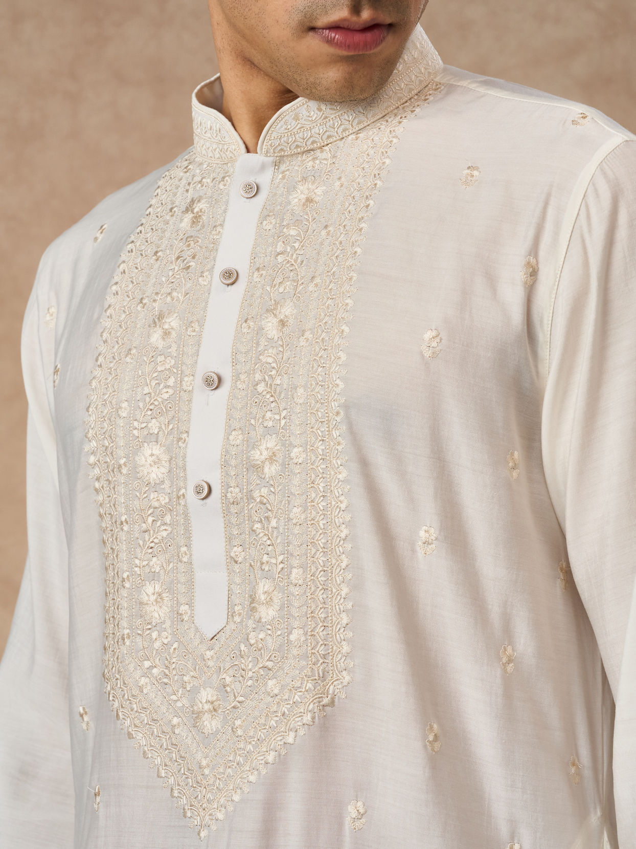 Manyavar Men Cream Blended Viscose Kurta Churidar