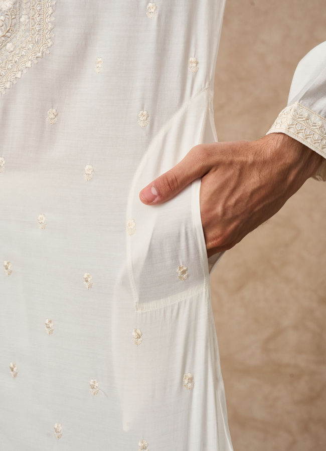 Manyavar Men Cream Blended Viscose Kurta Churidar