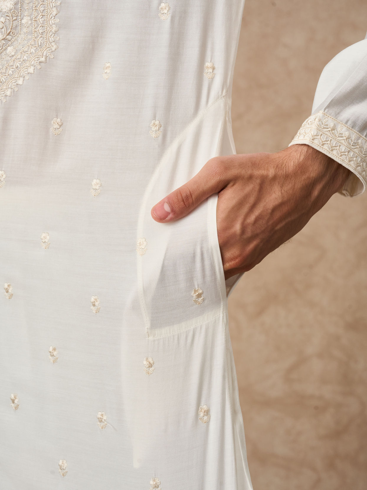 Manyavar Men Cream Blended Viscose Kurta Churidar