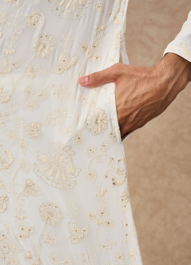 Manyavar Men Cream Georgette Kurta Churidar