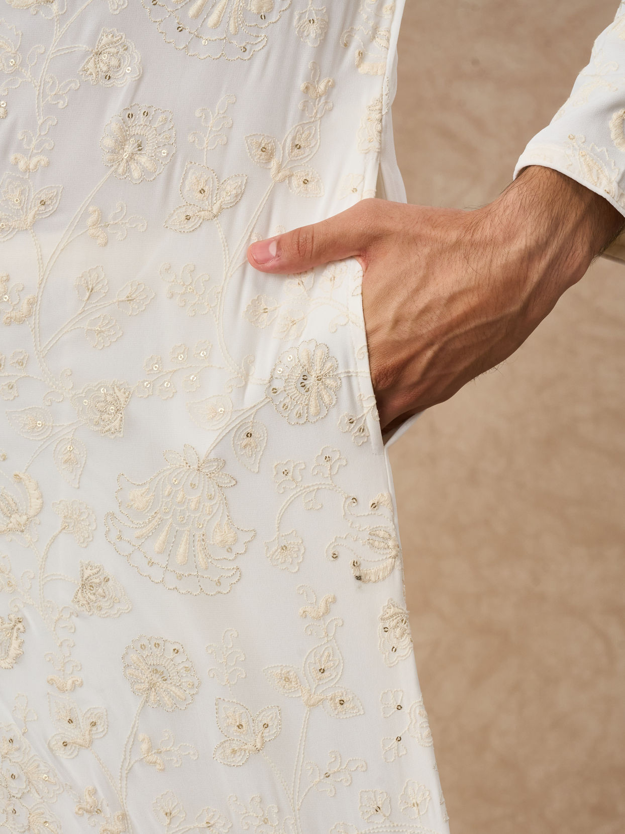 Manyavar Men Cream Georgette Kurta Churidar