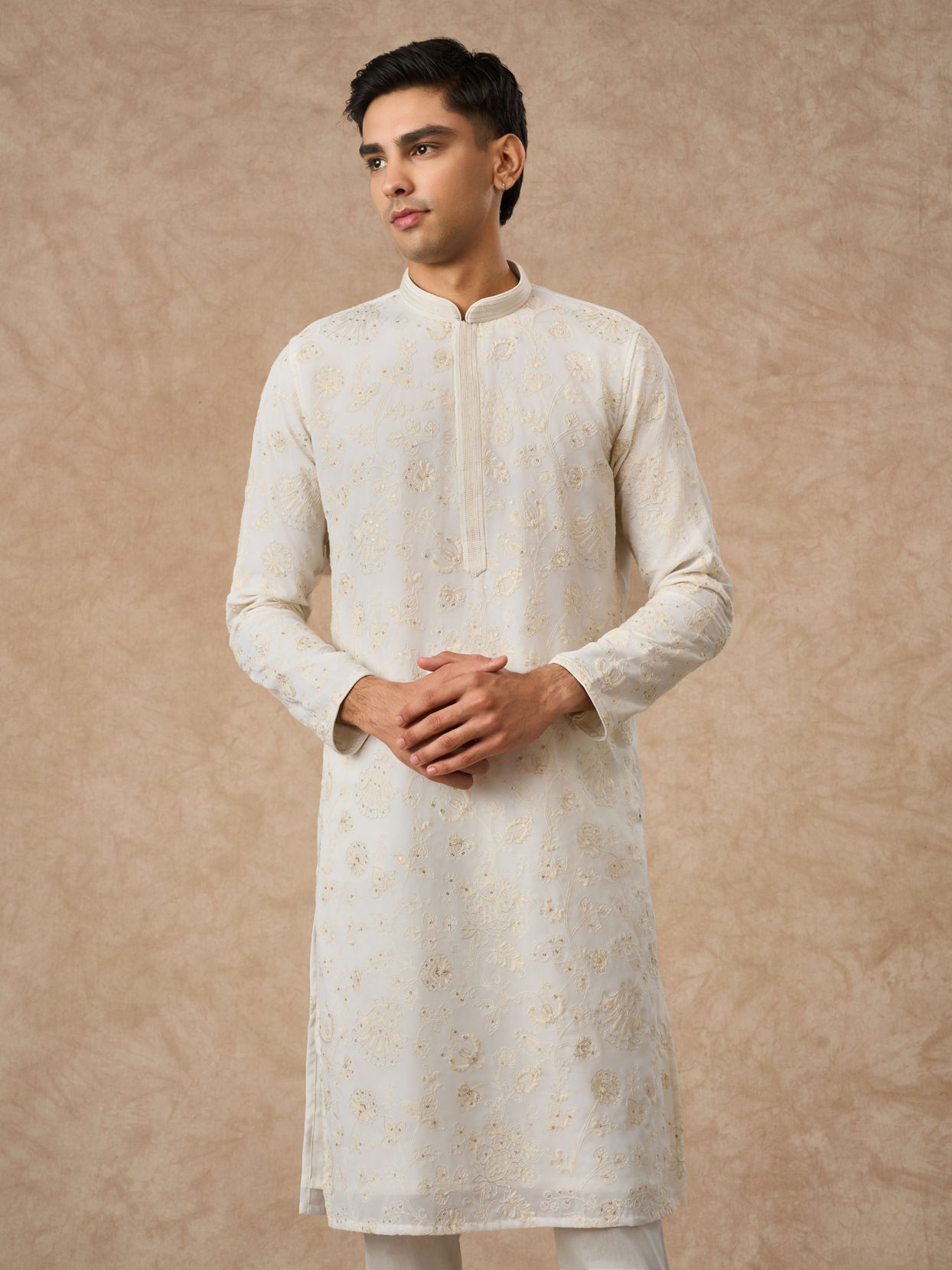 Manyavar Men Cream Georgette Kurta Churidar