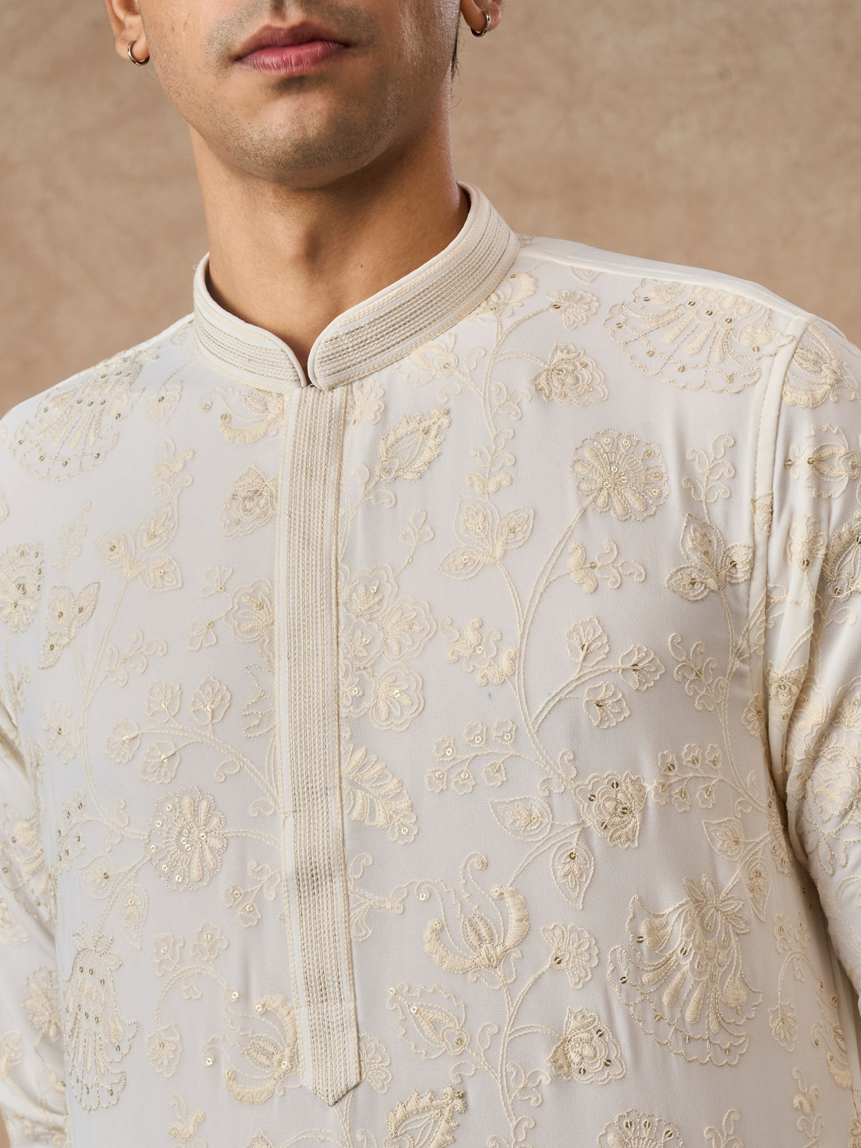 Manyavar Men Cream Georgette Kurta Churidar