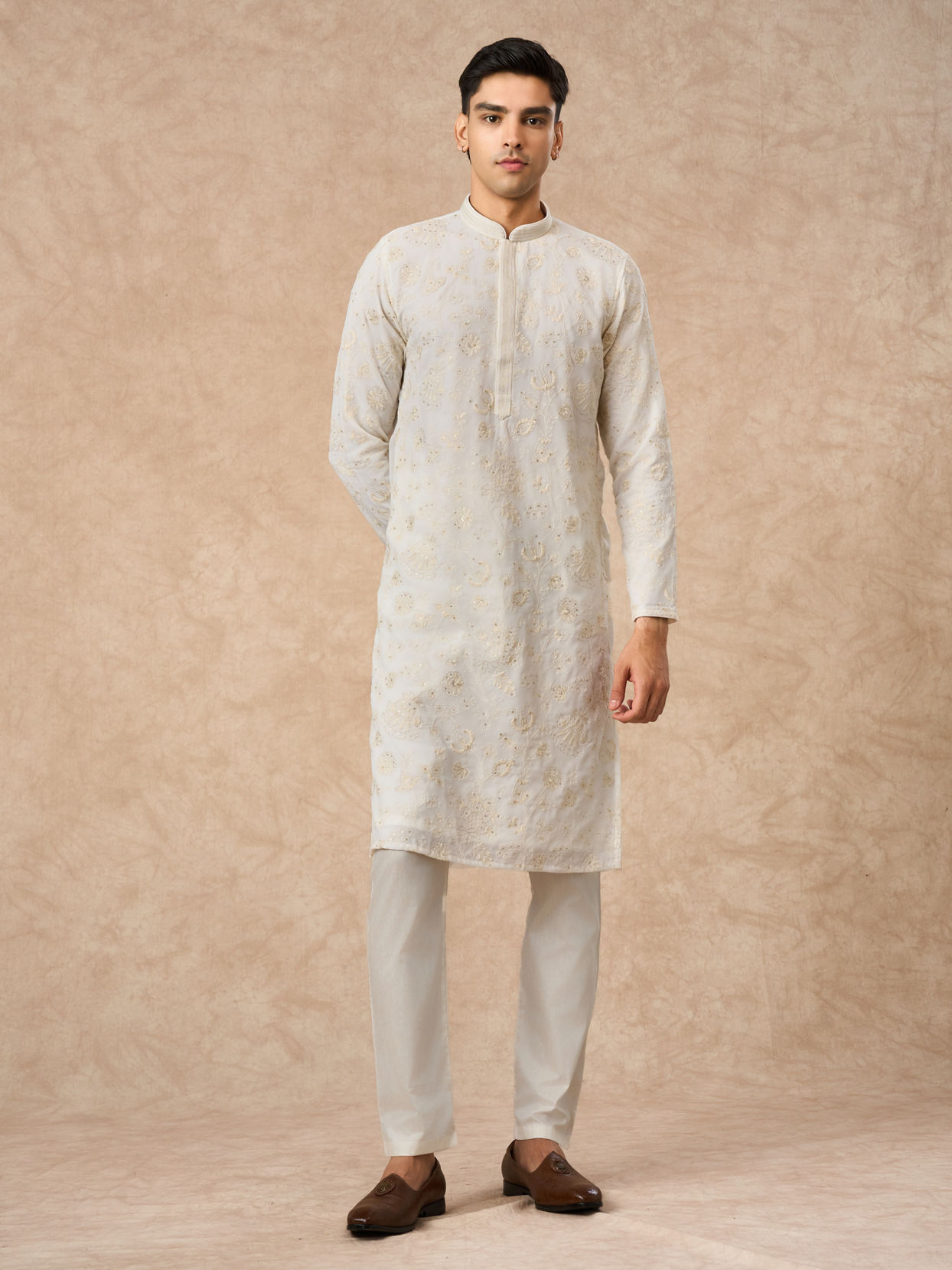 Manyavar Men Cream Georgette Kurta Churidar