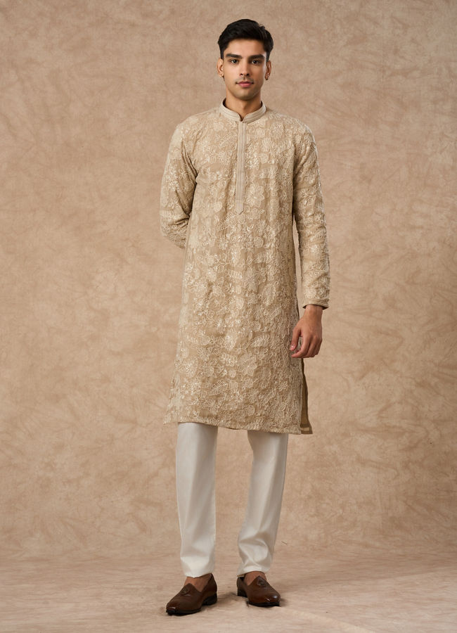 Manyavar Men Beige Georgette Kurta Churidar with Embroidery