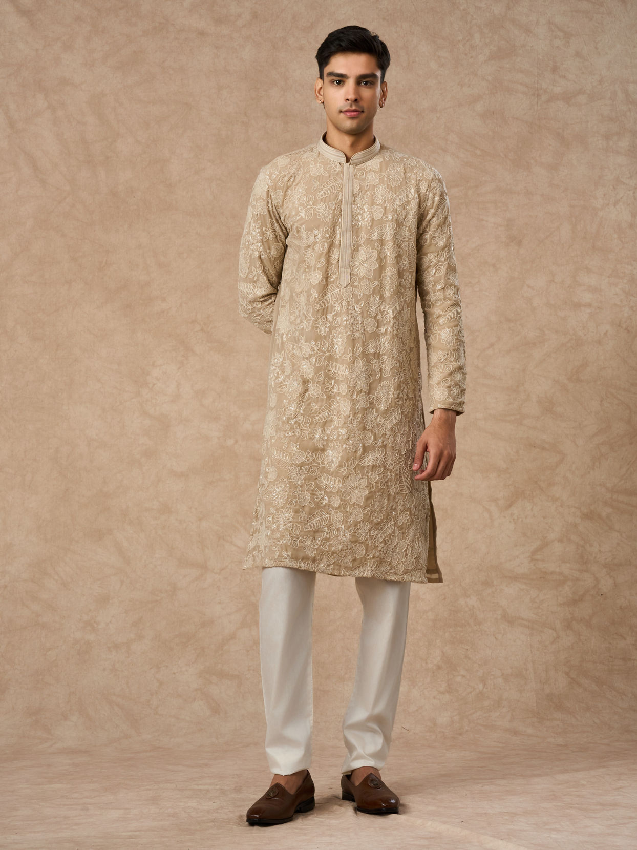 Manyavar Men Beige Georgette Kurta Churidar with Embroidery