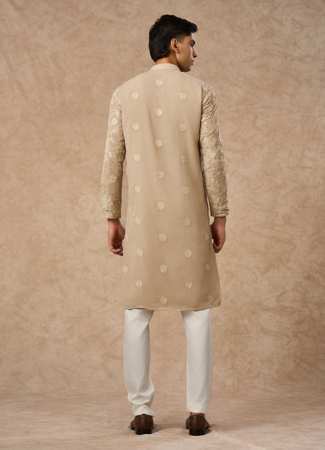 Manyavar Men Beige Georgette Kurta Churidar with Embroidery