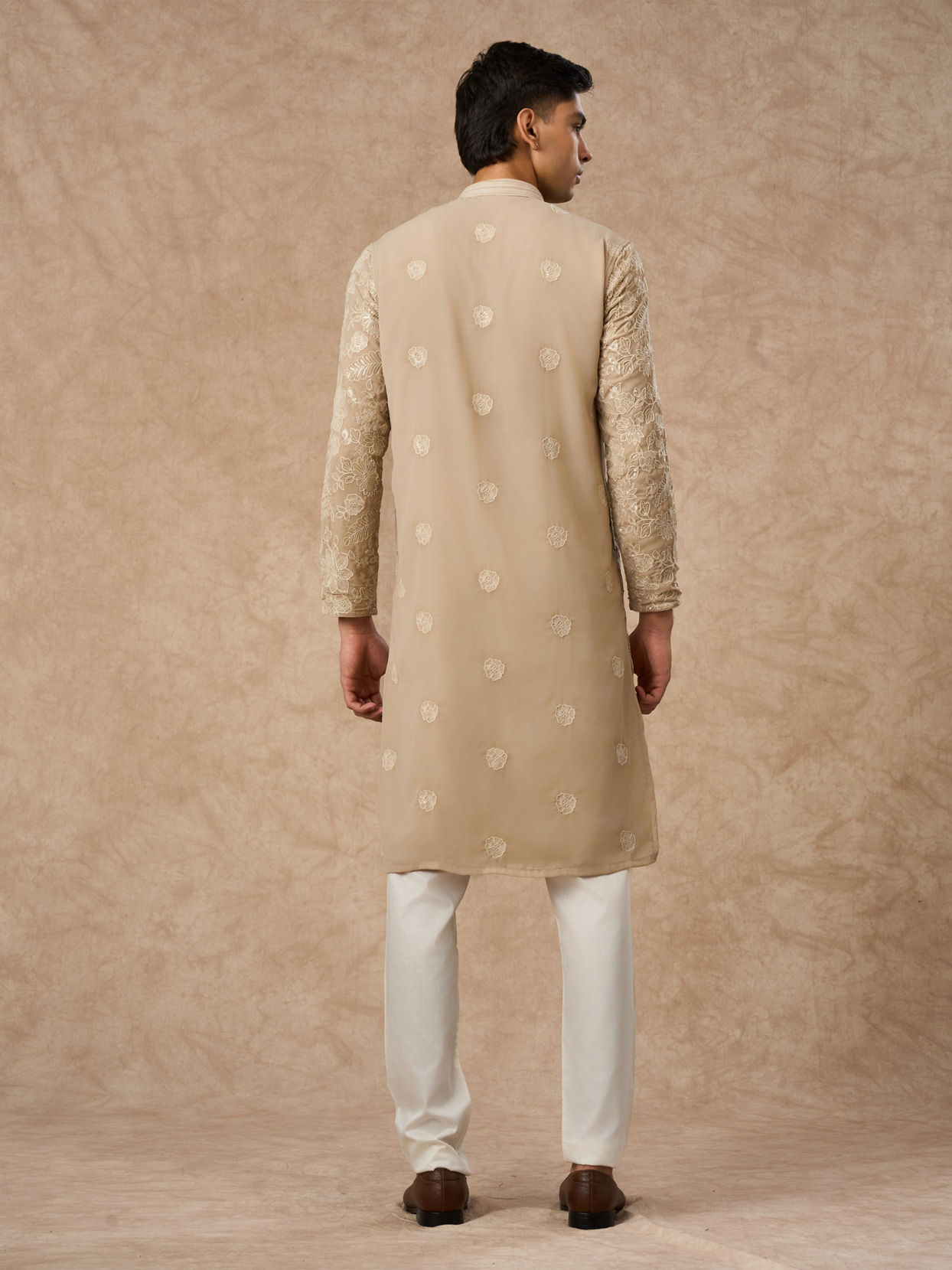 Manyavar Men Beige Georgette Kurta Churidar with Embroidery