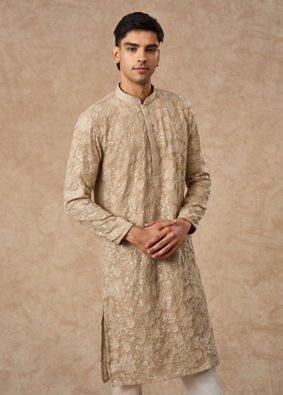 Manyavar Men Beige Georgette Kurta Churidar with Embroidery