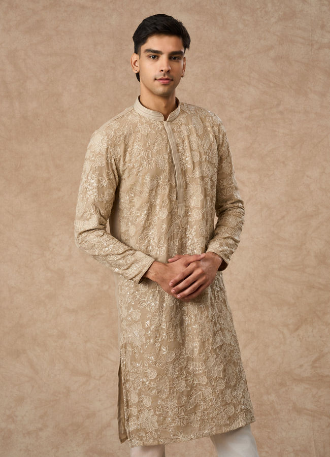 Manyavar Men Beige Georgette Kurta Churidar with Embroidery