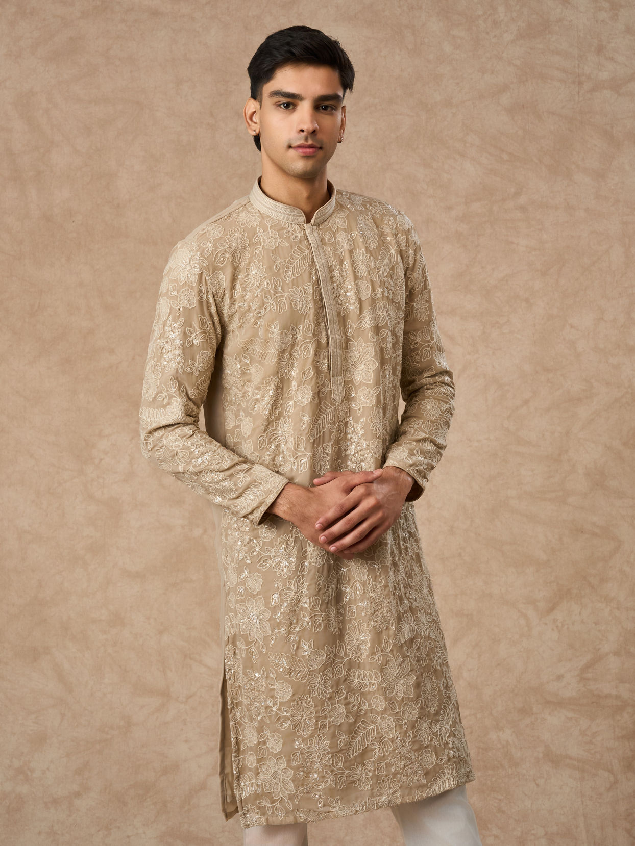 Manyavar Men Beige Georgette Kurta Churidar with Embroidery