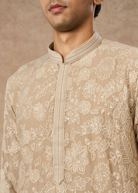 Manyavar Men Beige Georgette Kurta Churidar with Embroidery