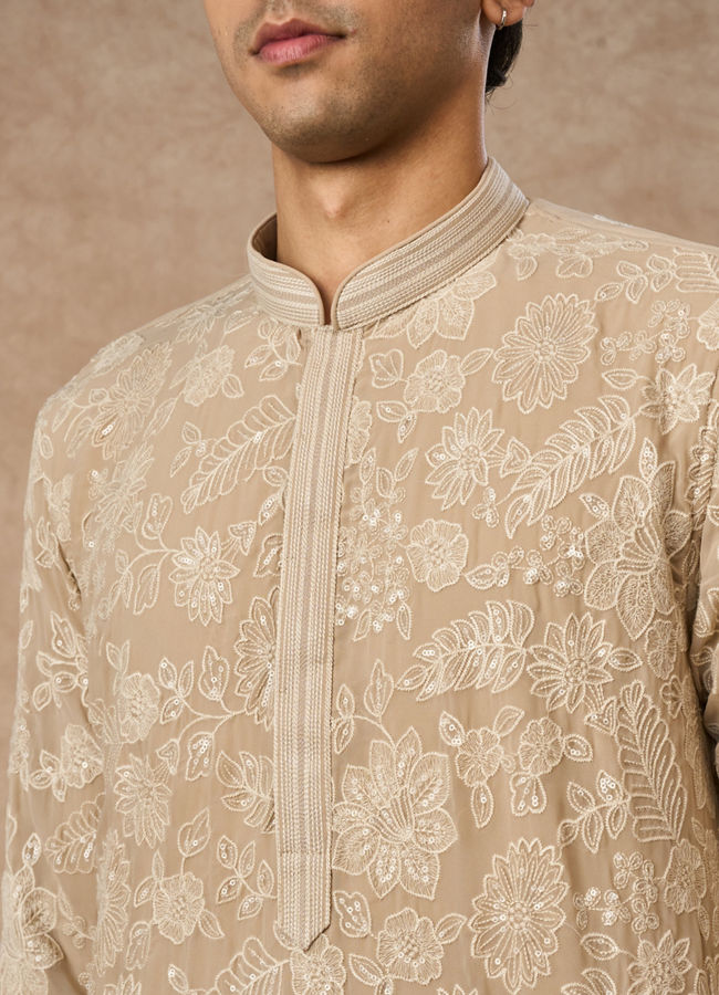 Manyavar Men Beige Georgette Kurta Churidar with Embroidery