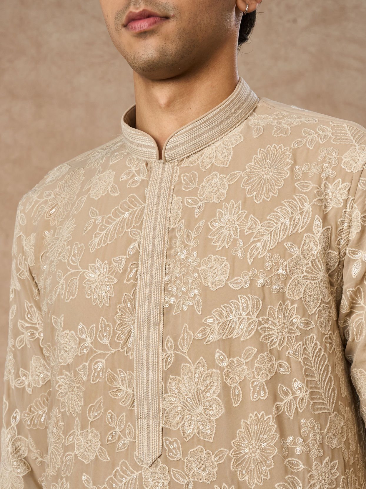 Manyavar Men Beige Georgette Kurta Churidar with Embroidery