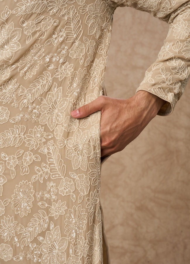 Manyavar Men Beige Georgette Kurta Churidar with Embroidery