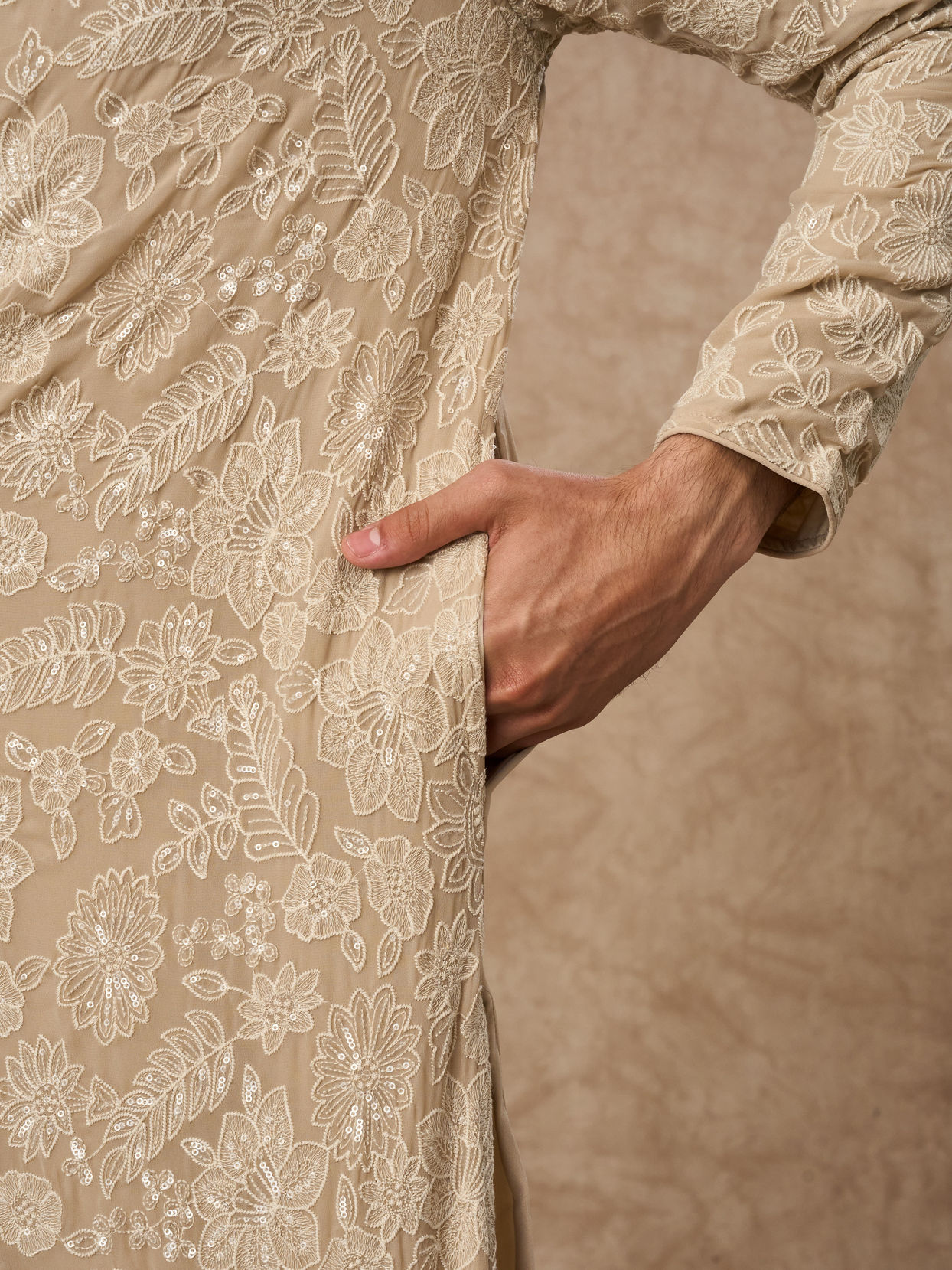Manyavar Men Beige Georgette Kurta Churidar with Embroidery