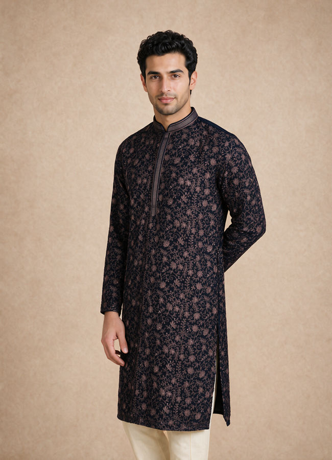 Manyavar Men Blue Georgette Kurta Pant Set