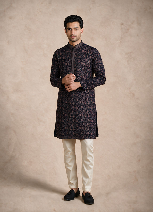 Manyavar Men Blue Georgette Kurta Pant Set