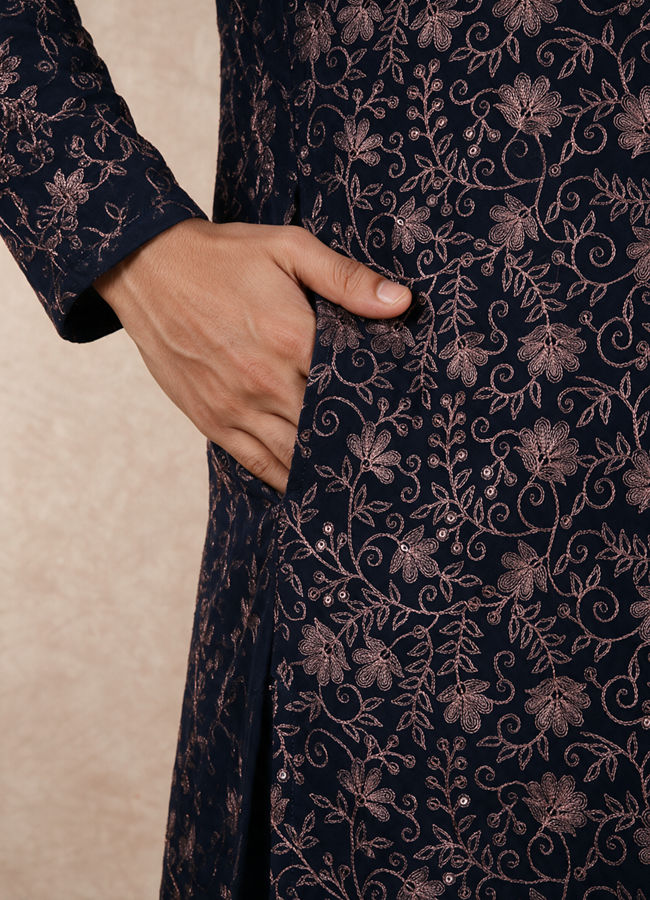 Manyavar Men Blue Georgette Kurta Pant Set