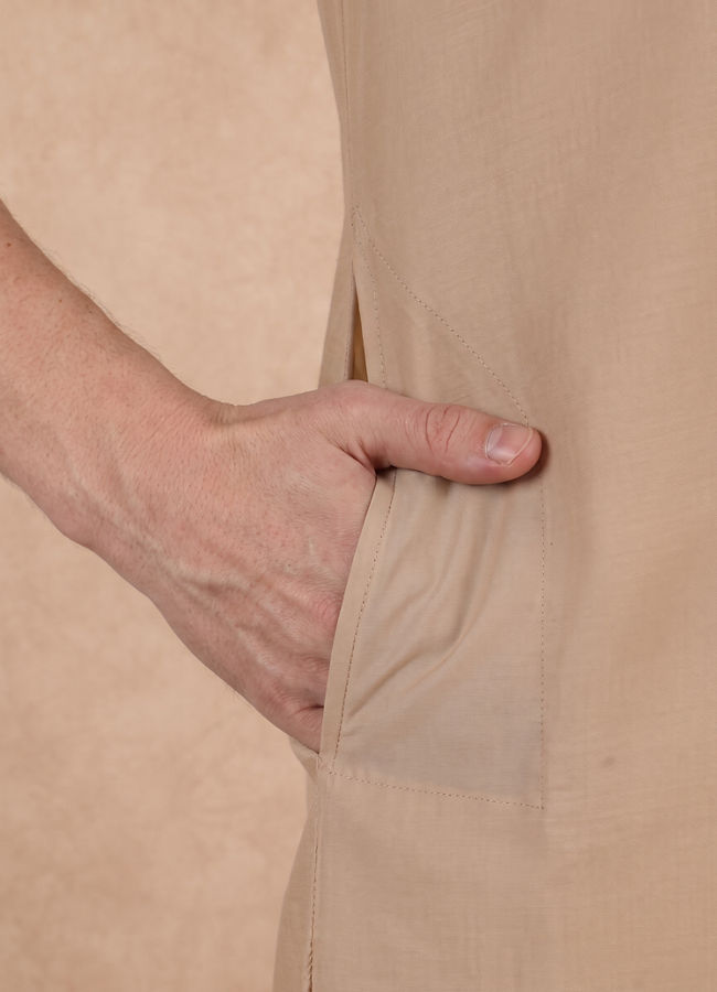 Manyavar Men Beige Silk Kurta Pant with Thread Embroidery