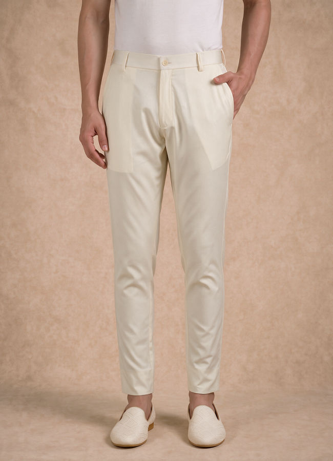 Manyavar Men Beige Silk Kurta Pant with Thread Embroidery