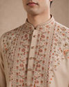 Manyavar Men Beige Silk Kurta Pant with Thread Embroidery