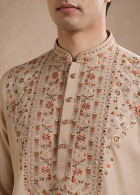 Manyavar Men Beige Silk Kurta Pant with Thread Embroidery