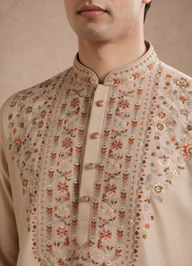 Manyavar Men Beige Silk Kurta Pant with Thread Embroidery