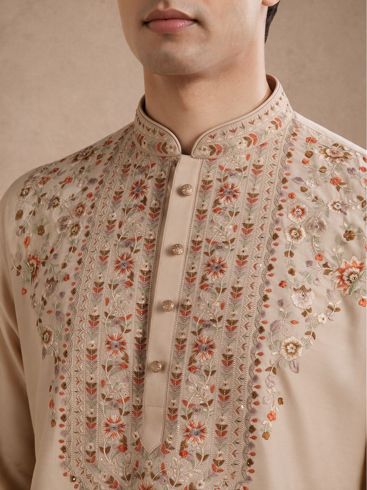Manyavar Men Beige Silk Kurta Pant with Thread Embroidery