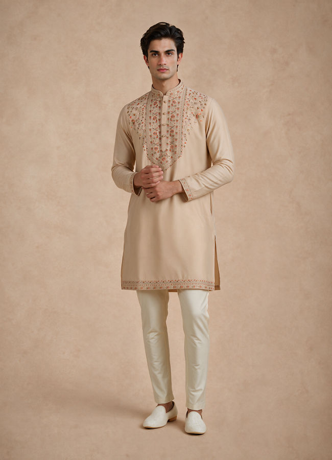 Manyavar Men Beige Silk Kurta Pant with Thread Embroidery